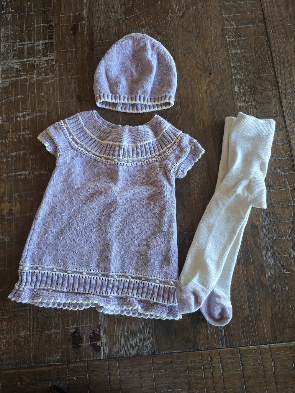 Rachel Ashwell Lavender Knit Baby Dress Set with Hat and Tights 6-9 Months